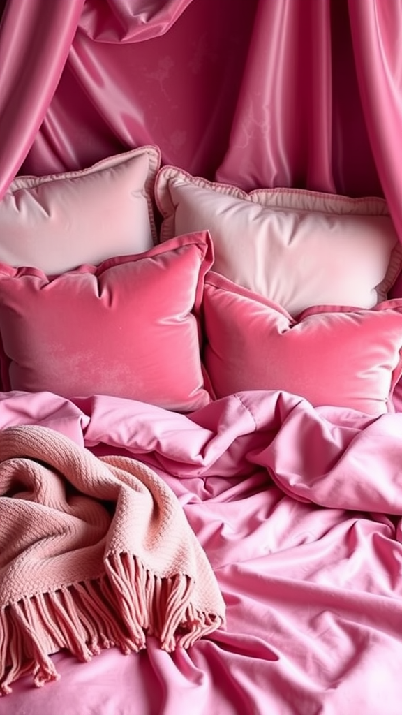 A cozy light pink bed with velvet bedding and soft pillows, featuring a warm throw blanket.