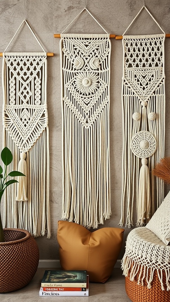 Three macramé wall hangings with gold touches, featuring plants and decorative items in a boho bedroom setting.