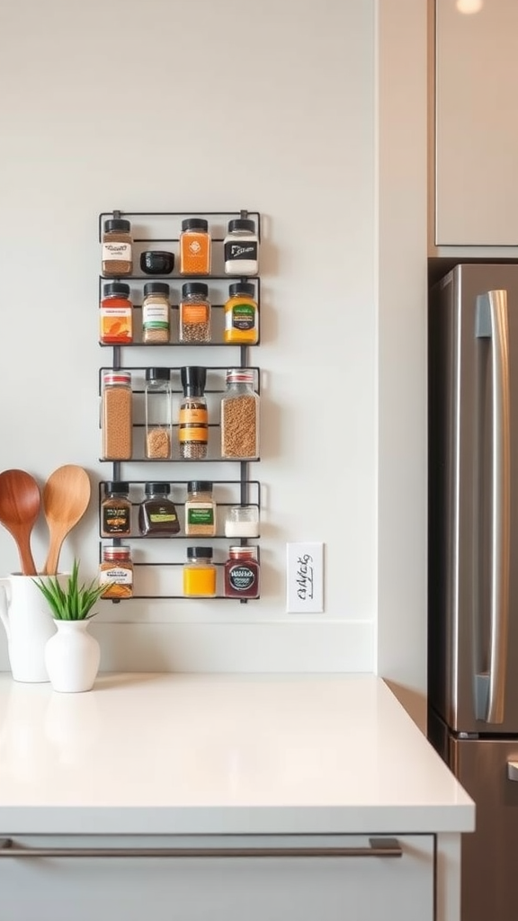 Magnetic spice rack mounted on a white kitchen cabinet