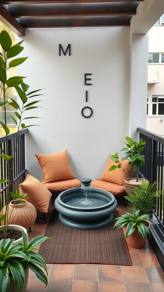 Meditation corner with cushions, plants, and a water fountain on a balcony.