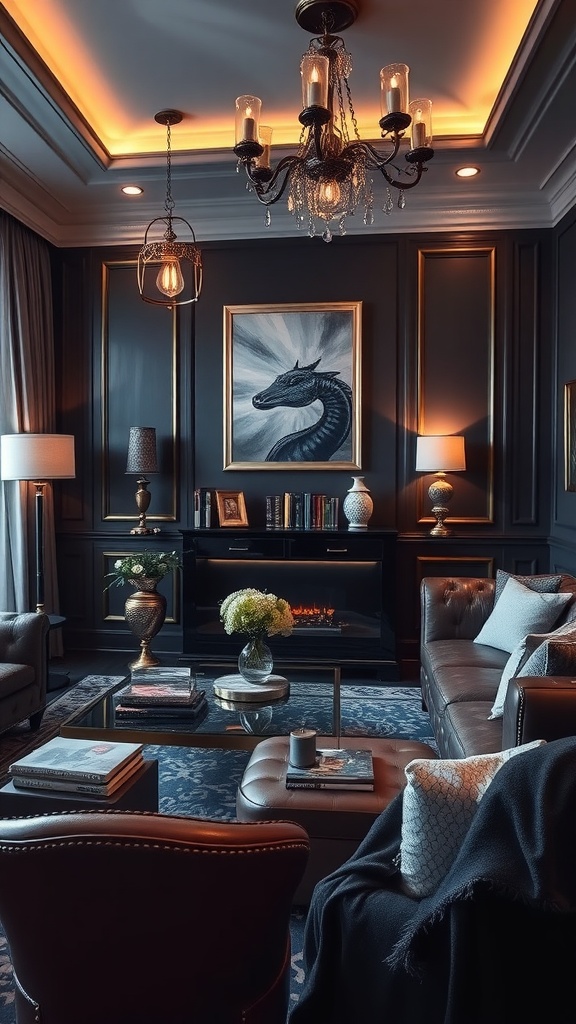 A luxurious interior with deep hues and metallic accents, featuring a leather sofa, chandelier, and elegant decor.