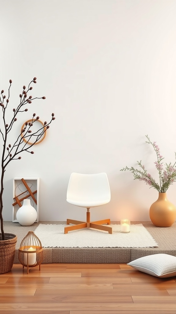 A serene and minimalistic space featuring a white chair, plants, candles, and a soft rug, promoting mindfulness and tranquility.