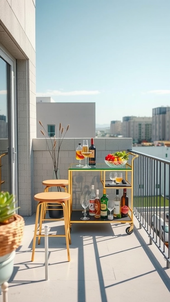 A small outdoor bar setup on a balcony with drinks and seating.