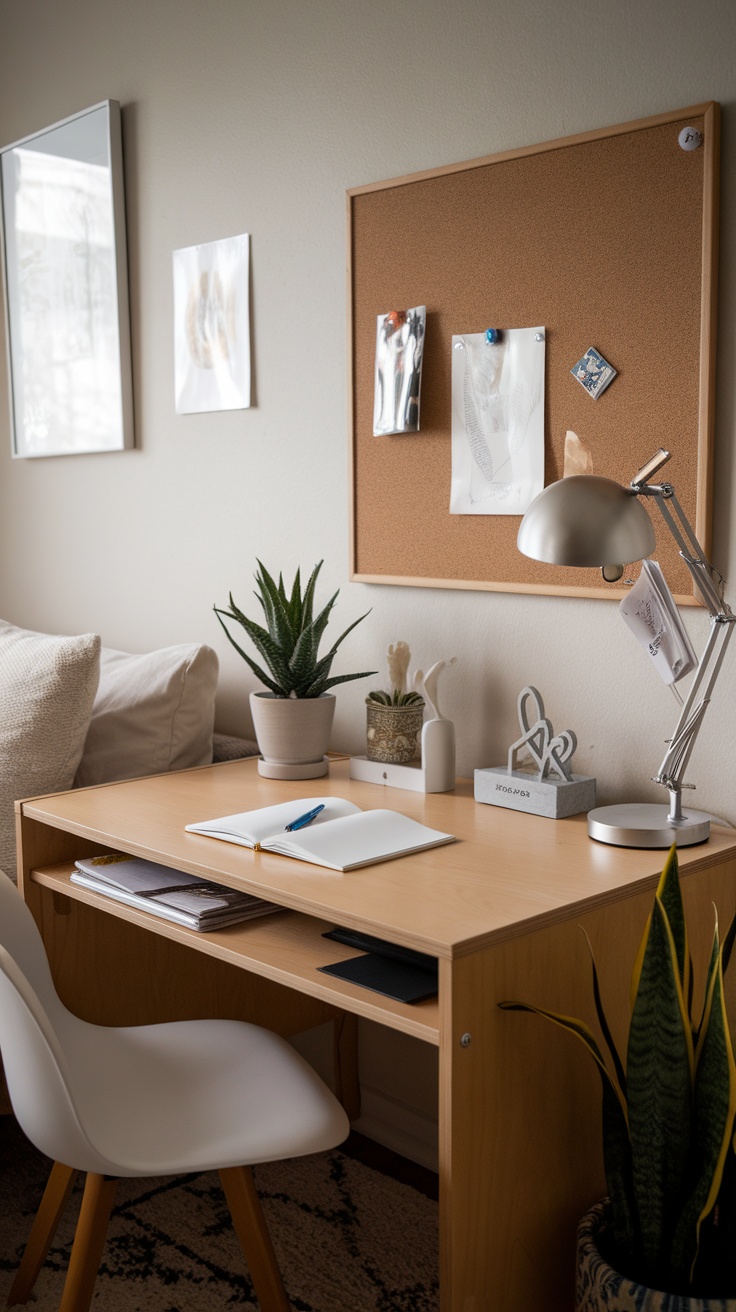 A minimalist dorm desk setup featuring a wooden desk, a lamp, a plant, and an organized space.