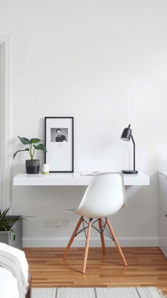 A minimalist floating desk with a white surface, a plant, a lamp, and a framed picture against a white wall.