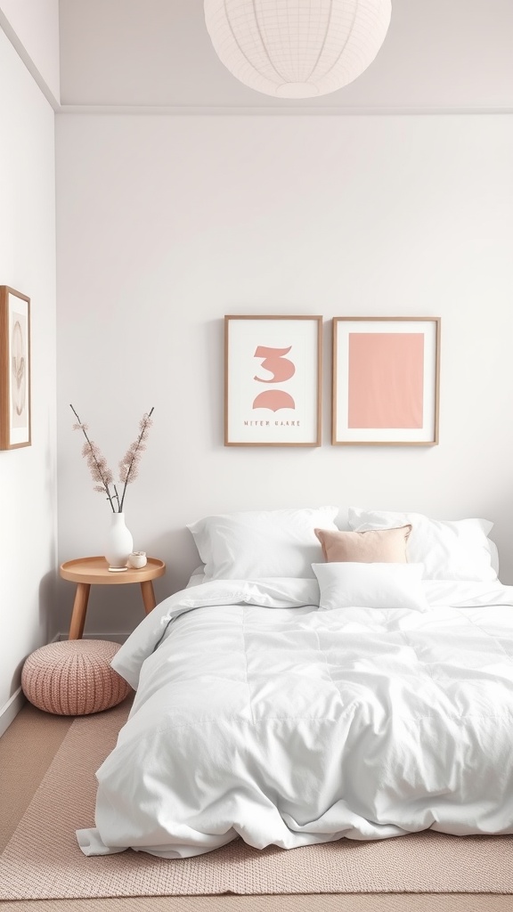 Cozy minimalist light pink bedroom with white bedding and simple decor.