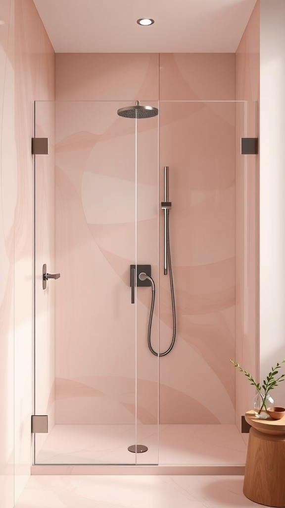 Minimalist shower design with light pink panels and glass doors.