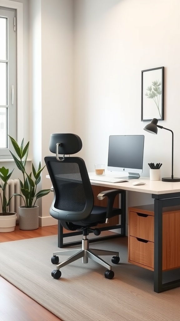 A modern minimalist home office setup with a desk, computer, and plants.
