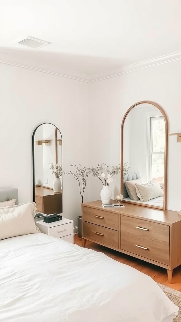 A stylish bedroom featuring two mirrors, a wooden dresser, and light-colored bedding.