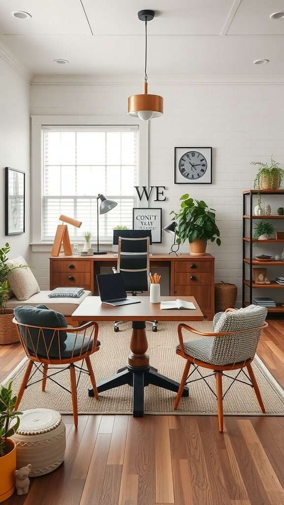 A modern farmhouse home office with wooden furniture, chic chairs, and green plants.
