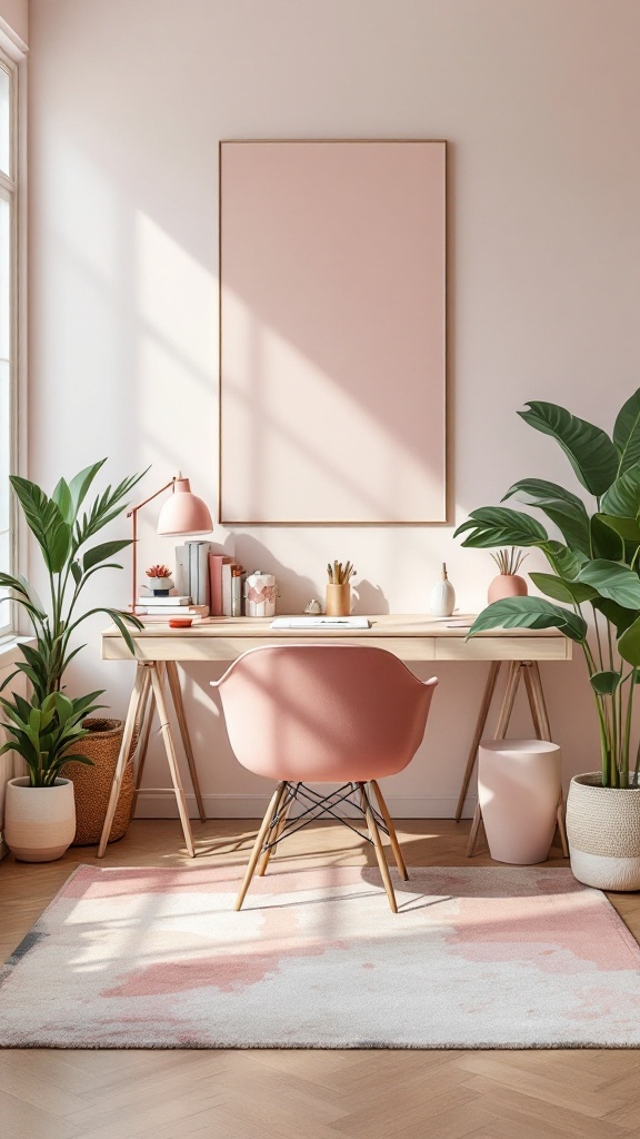 A modern home office featuring pink and sage green decor, with a stylish desk, chair, and plants.