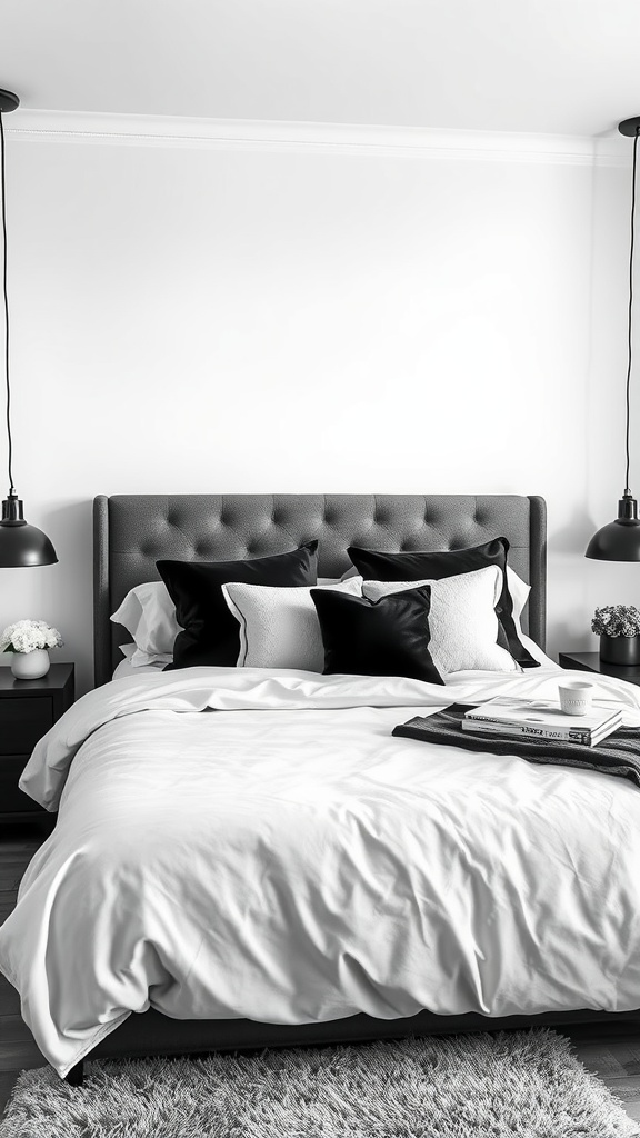 A cozy black and white bedroom featuring a stylish bed with textured pillows and soft bedding.