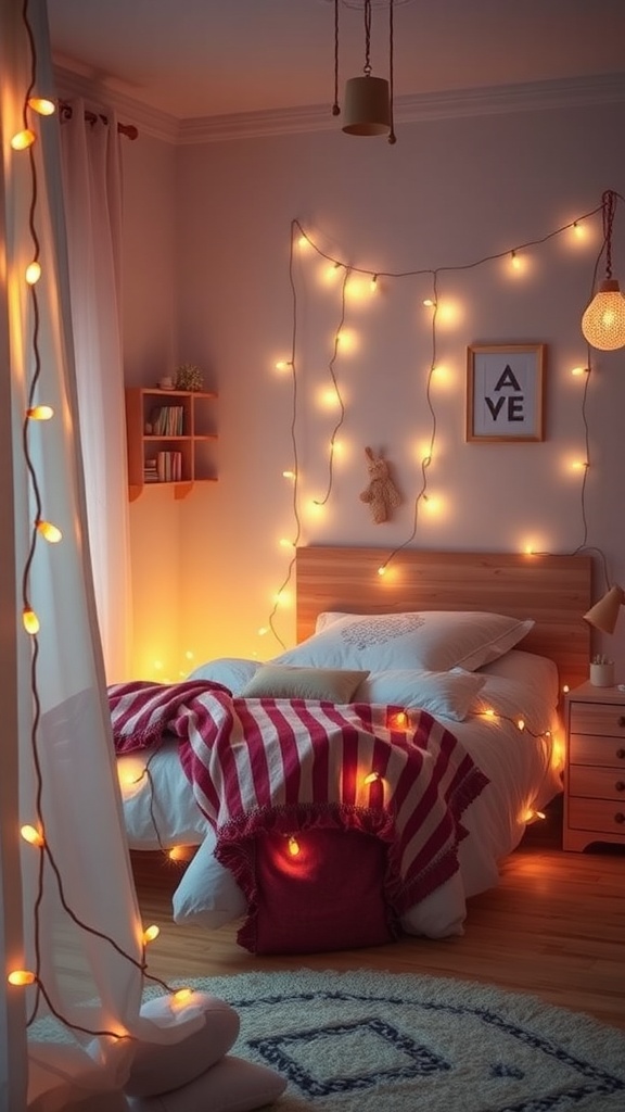 A cozy bedroom decorated with string lights, featuring a neatly made bed with a striped blanket.