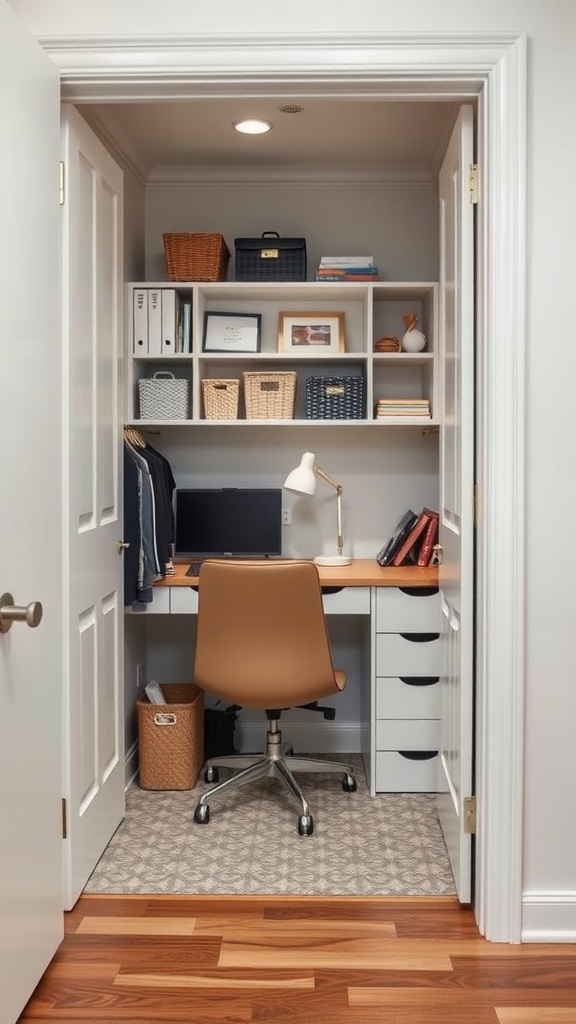 A multi-functional closet office with a desk, chair, and shelves, showcasing a compact workspace.