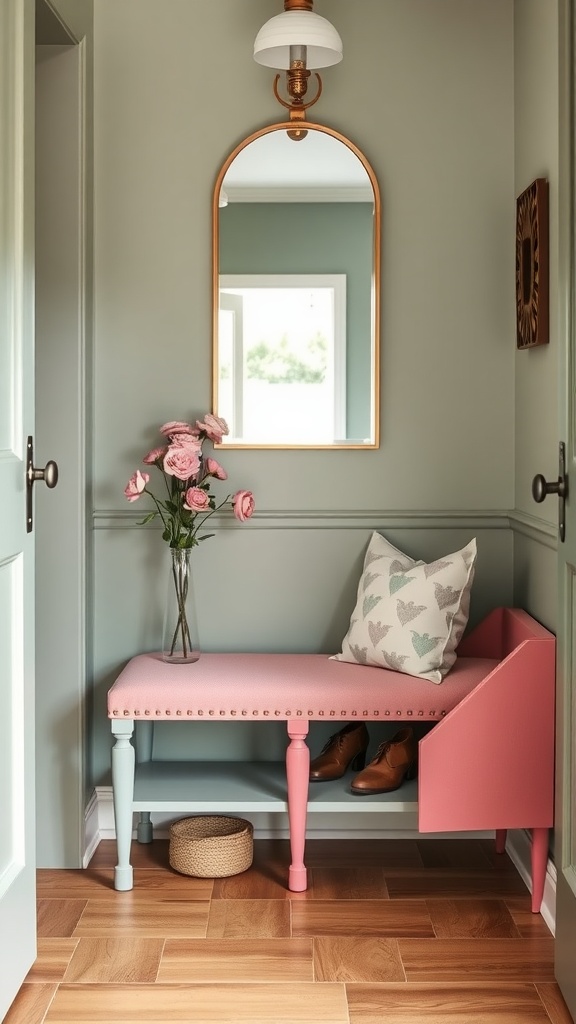 A bright entryway featuring a wooden bench with storage, a decorative pillow, and a mirror.