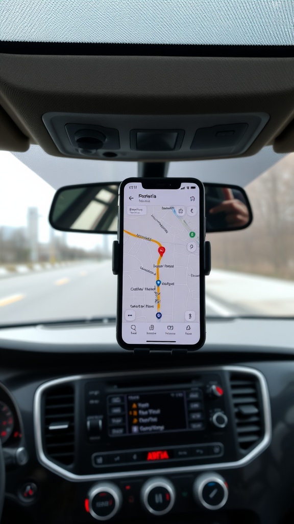 A phone mounted on a car dashboard displaying a navigation map.