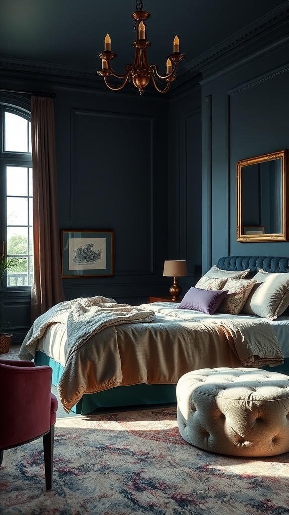 A luxurious bedroom with muted jewel tones, featuring a deep blue wall, elegant chandelier, and a plush bed.