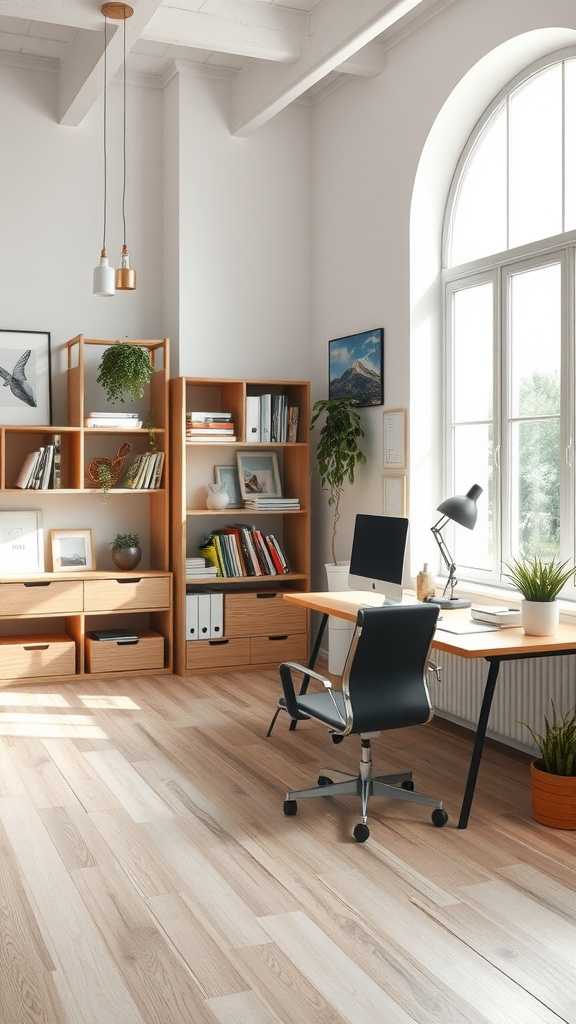 A bright and airy modern home office with large windows, light wood furniture, and plants.