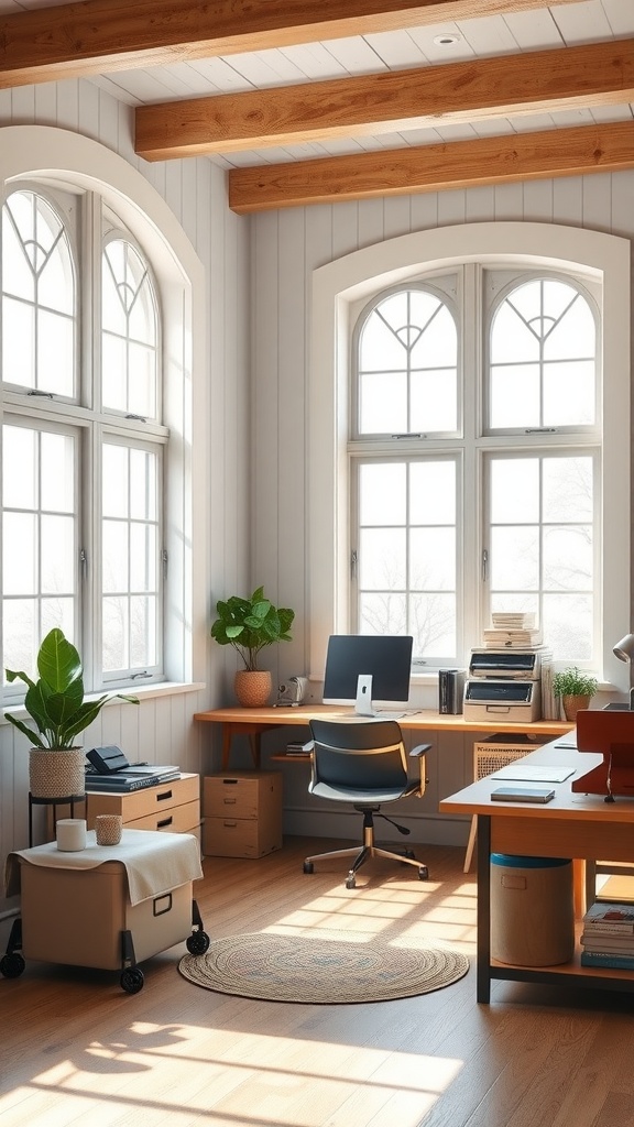 Bright and airy farmhouse home office with large windows and natural light