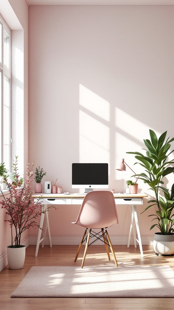 A bright home office with pink decor and plants, featuring a desk and computer.