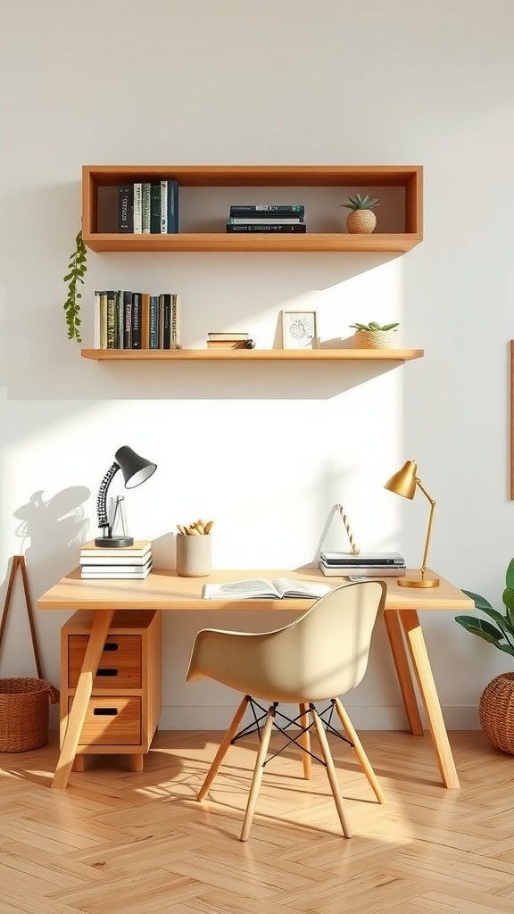 A modern home office featuring natural wood accents with a wooden desk, shelves, and plants.