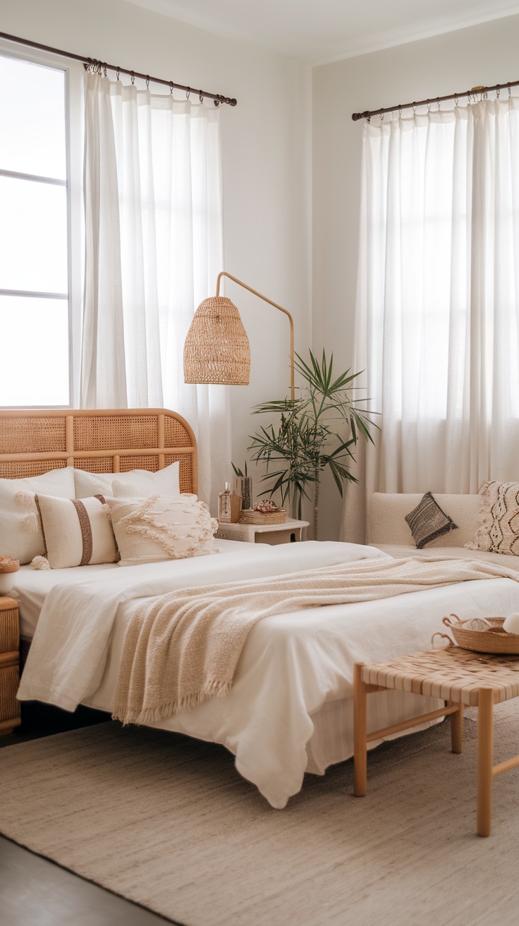 A minimalist boho bedroom featuring natural wood accents and soft textiles.