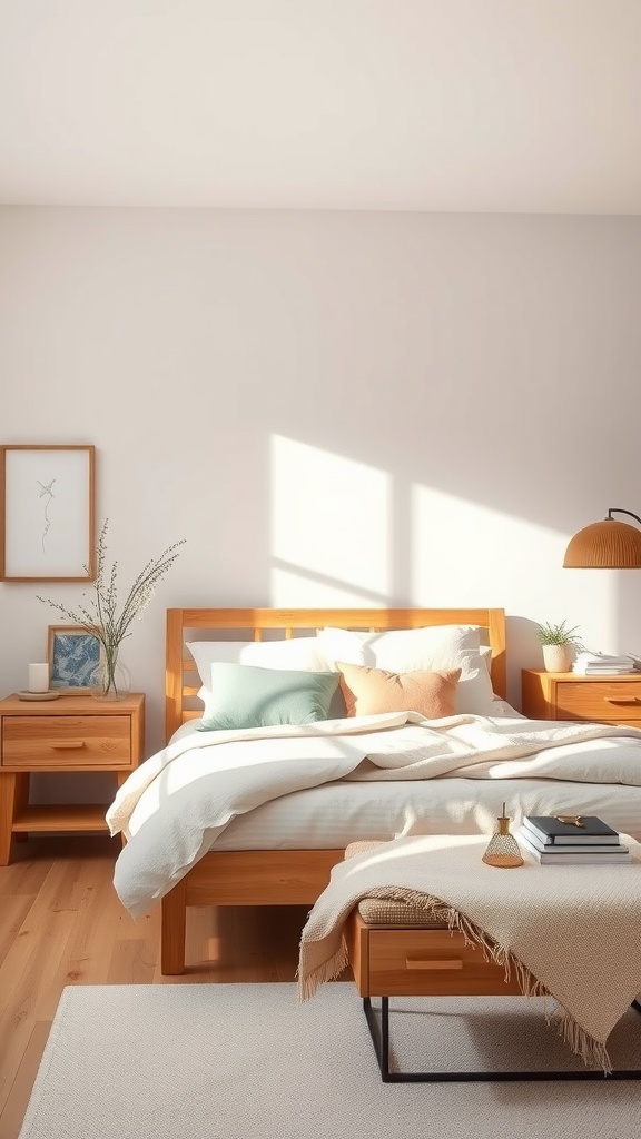 A serene bedroom featuring natural wood furniture with blush pink and sage green accents.