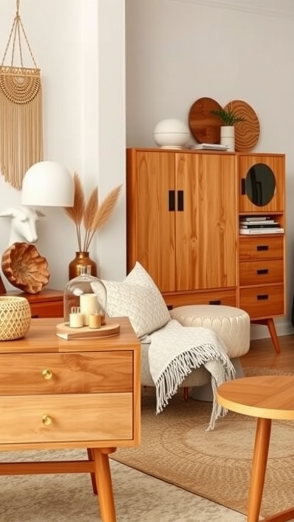 Boho bedroom featuring natural wood furniture with gold hardware accents.