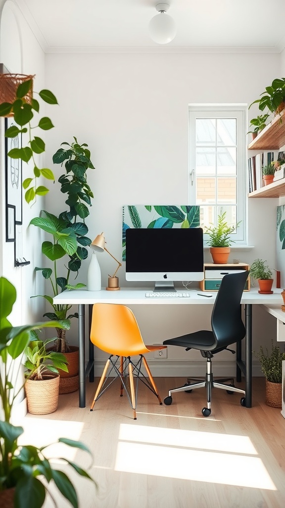 A bright tiny home office featuring a white desk, computer, and various green plants in pots.