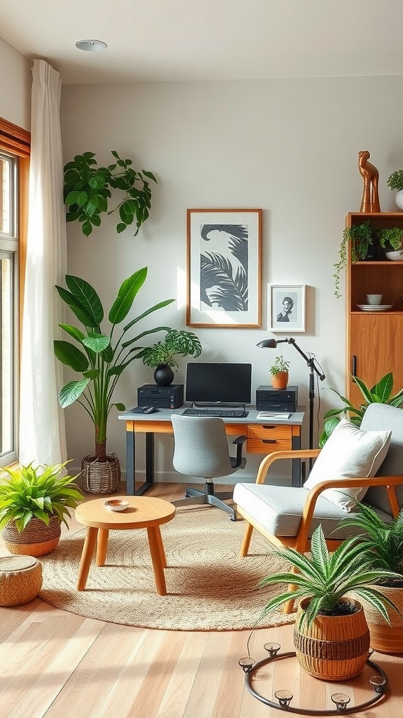 A cozy sitting room office combo featuring plants, a wooden desk, and a comfortable chair.