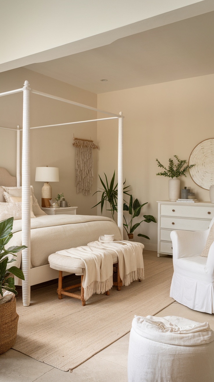 A serene minimalist boho bedroom featuring neutral tones, a four-poster bed, and plants.