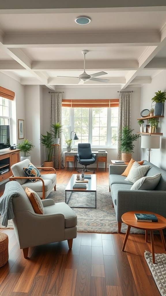 A stylish sitting room office combo featuring natural light, plants, and comfortable seating.