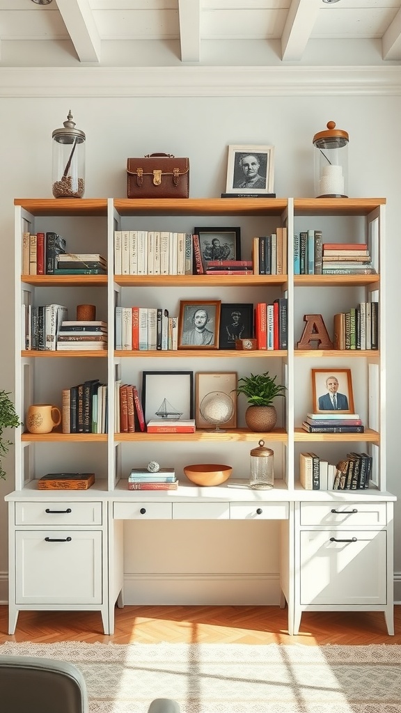 A cozy farmhouse home office with open shelving displaying books and decorative items.