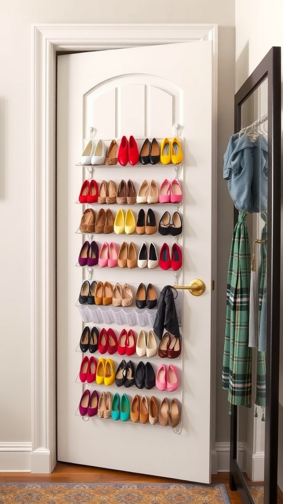 An over-the-door shoe organizer filled with colorful shoes, hung on a white door.