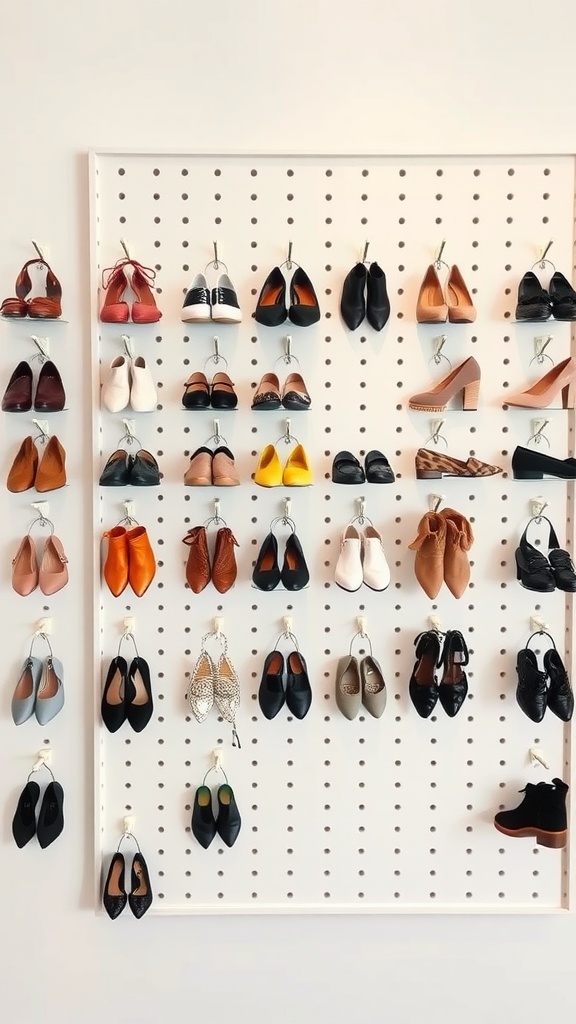 Pegboard wall displaying various pairs of shoes in an organized manner.