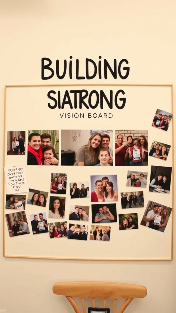 A group of people holding signs and standing in front of a vision board focused on building strong relationships.