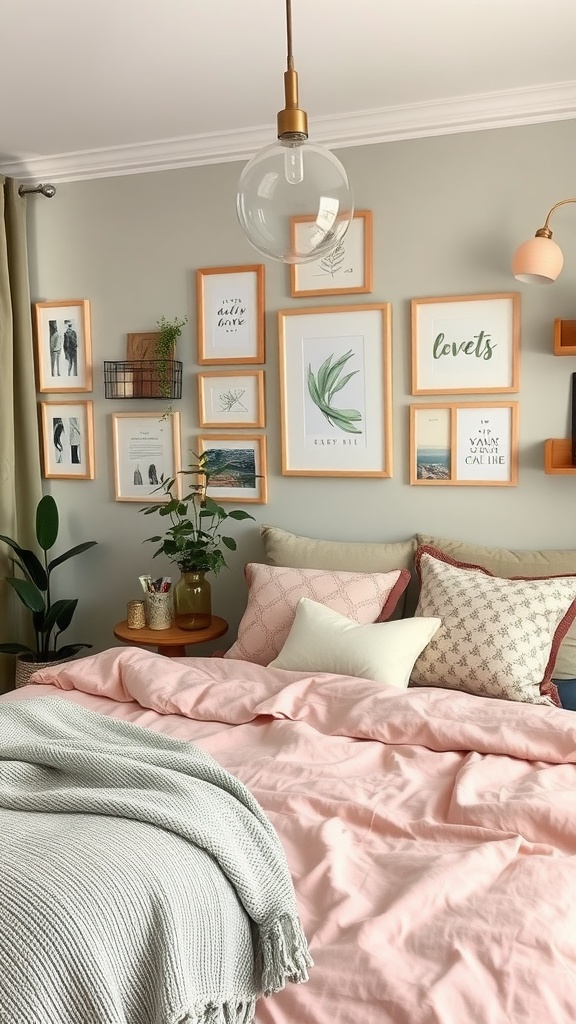 A cozy bedroom featuring blush pink bedding, framed wall art, and decorative pillows.