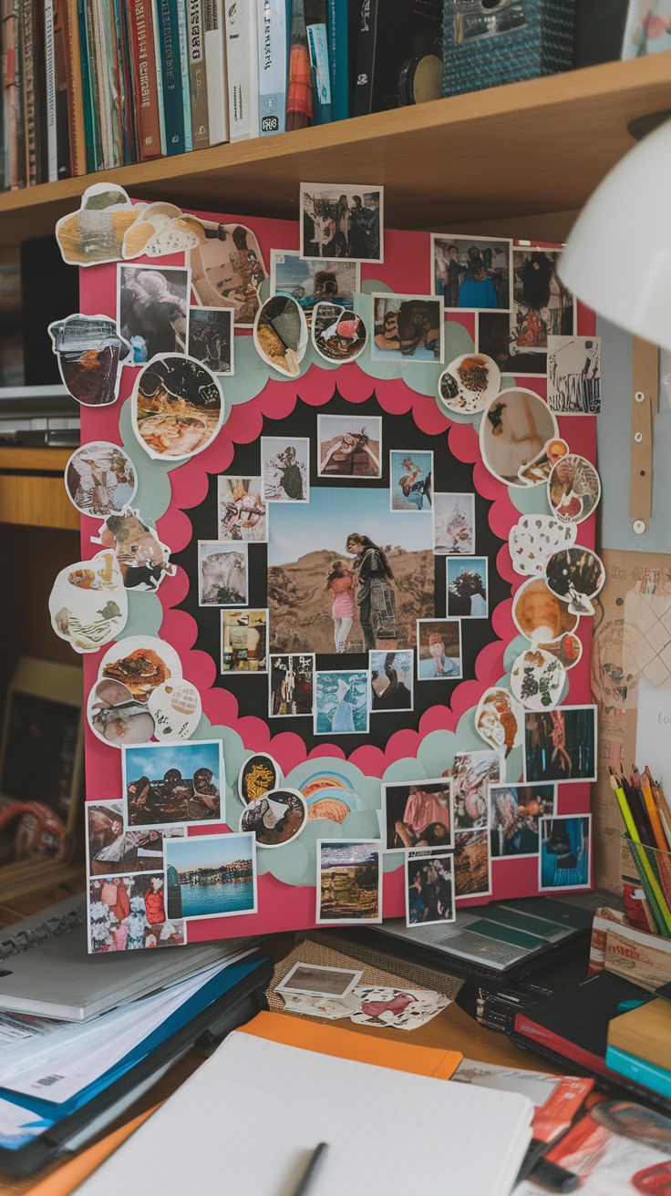 A vibrant personalized photo collage showcasing pictures and creative decorations on a dorm desk.