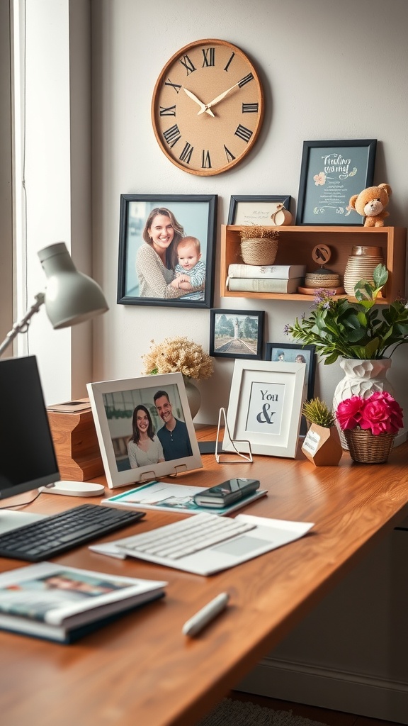 A cozy farmhouse home office with family photos and decorative items on the wall and desk.