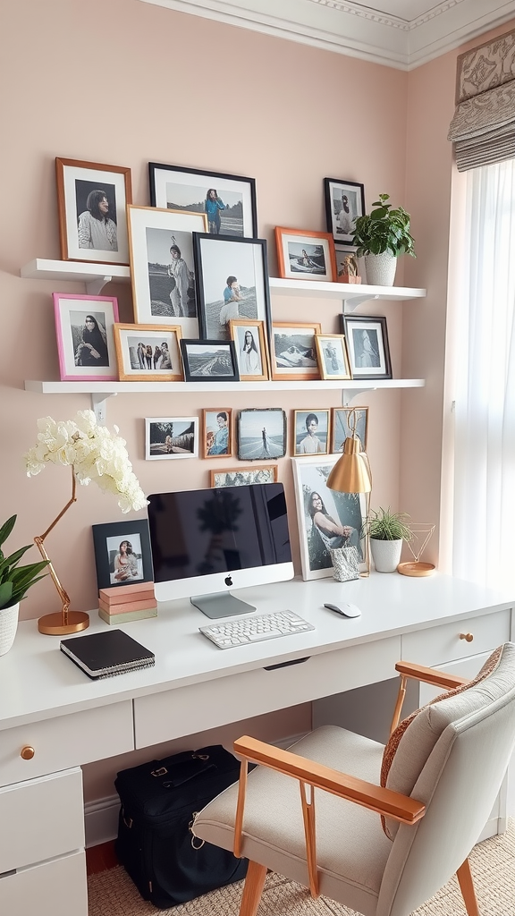 A bright home office with a photo display of various portraits and landscapes on the wall, alongside a clock and a modern desk setup.