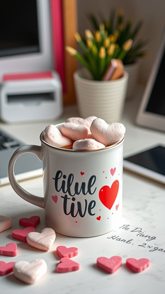 A personalized mug with heart-shaped marshmallows, surrounded by heart-shaped candies on a desk.