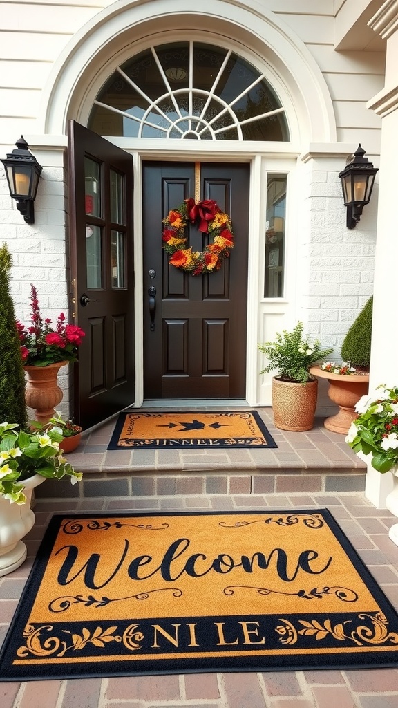 A stylish entryway featuring personalized welcome mats with decorative elements.