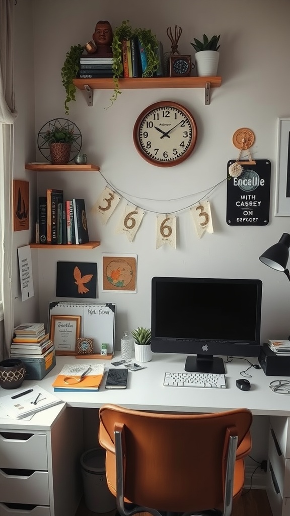 A cozy home office corner featuring a desk with a computer, shelves with books and plants, and decorative elements.