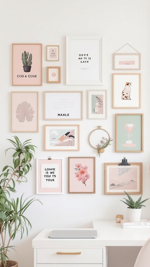 Gallery wall featuring pink and green artwork with various frames.