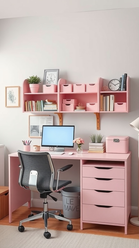 A pink home office setup featuring shelves and drawers for storage.