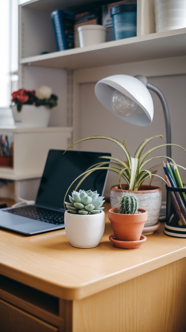 A cozy dorm desk setup featuring various small plants, a laptop, and a lamp.