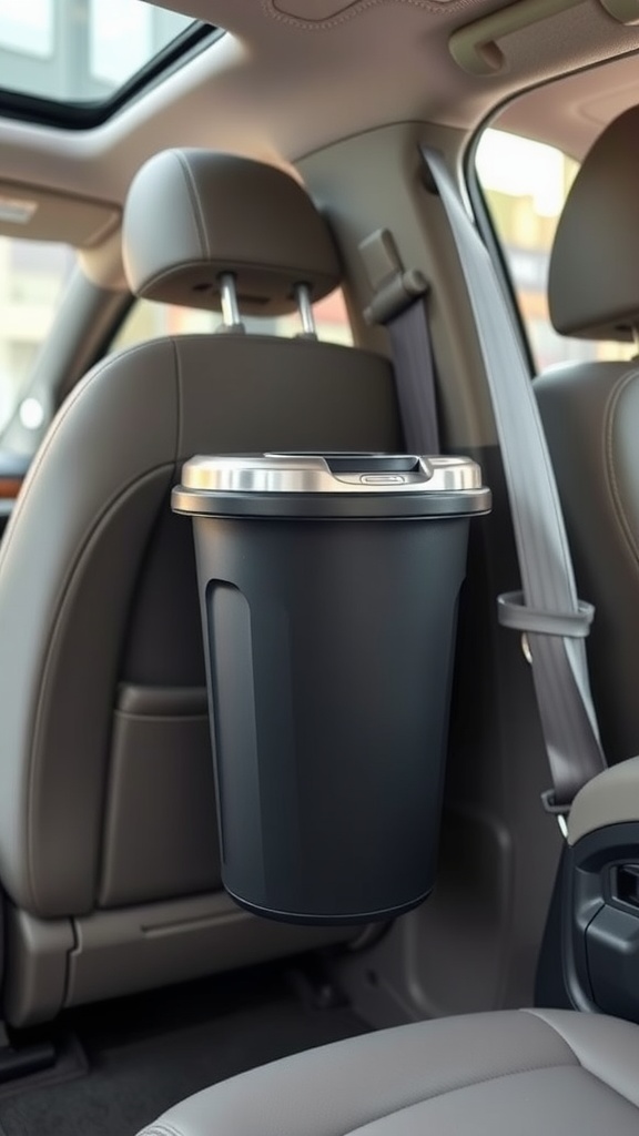 A portable trash can sitting on the floor of a car surrounded by crumpled paper and wrappers.