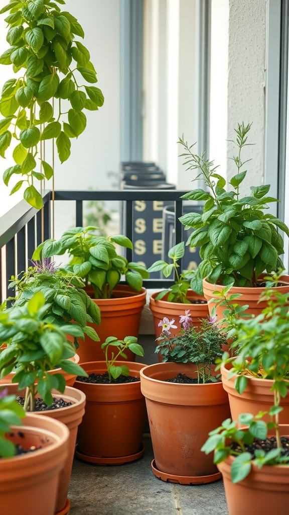 A balcony filled with potted herbs like basil and mint.