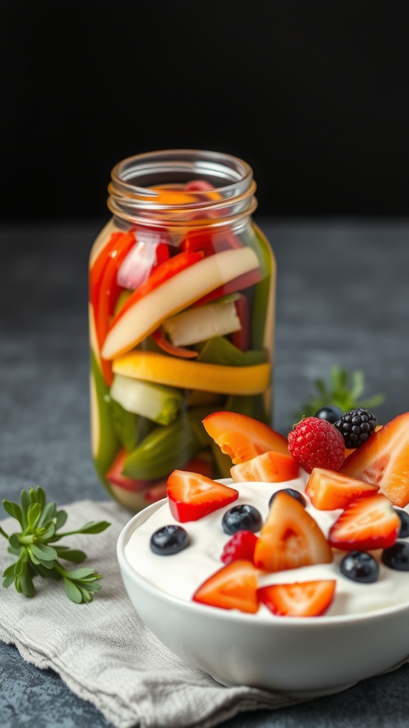 A bowl of yogurt topped with strawberries and blueberries next to a jar of colorful pickled vegetables.