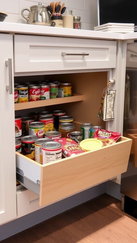 Image of a pull-out pantry drawer filled with various canned goods and snacks.